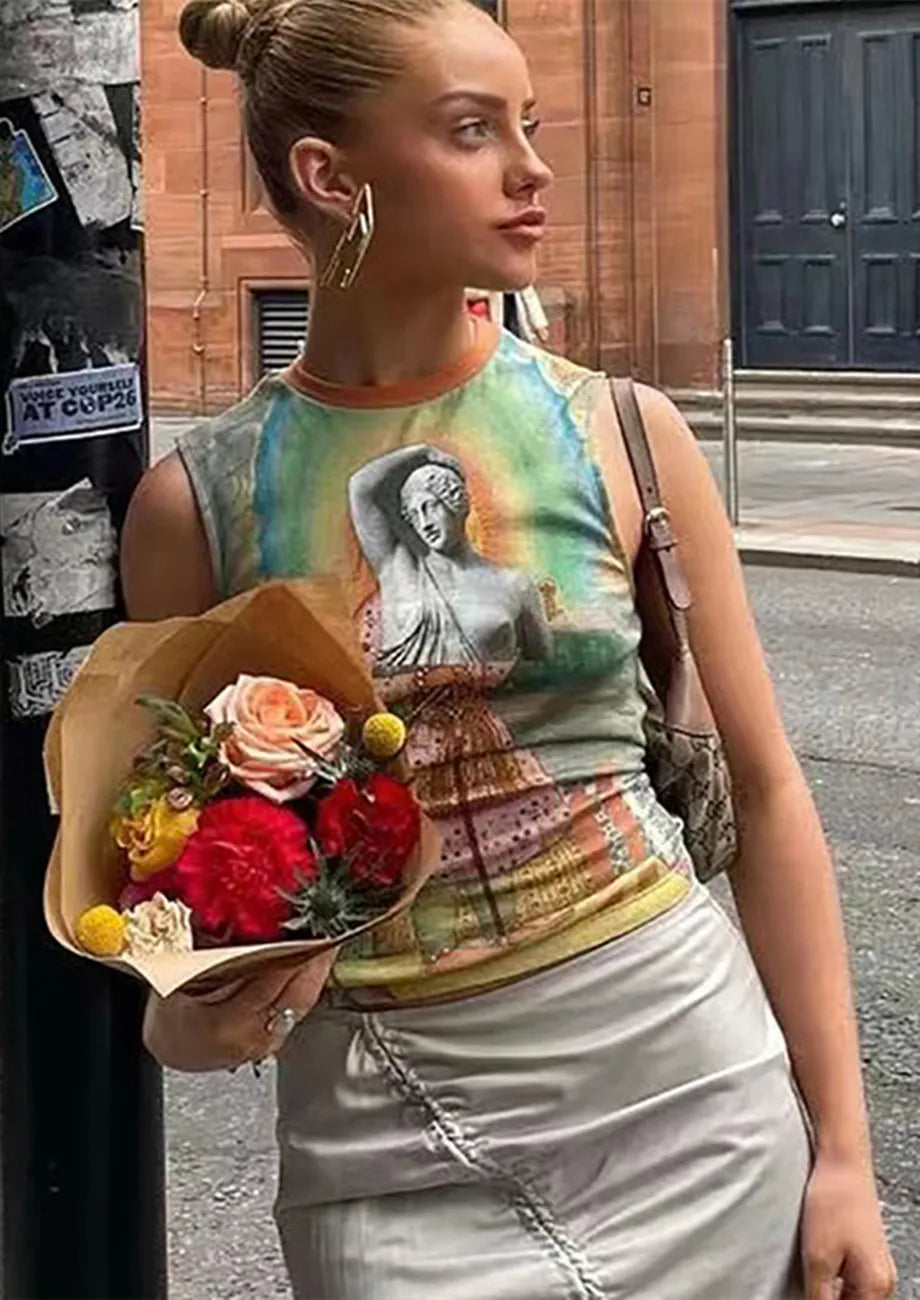 Sleeveless Printed Green Casual T-shirt